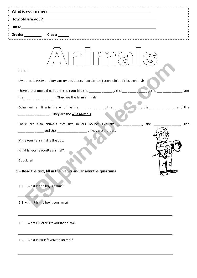 Animals (farm animals, wild animals and pets) - ESL worksheet by luisfixe