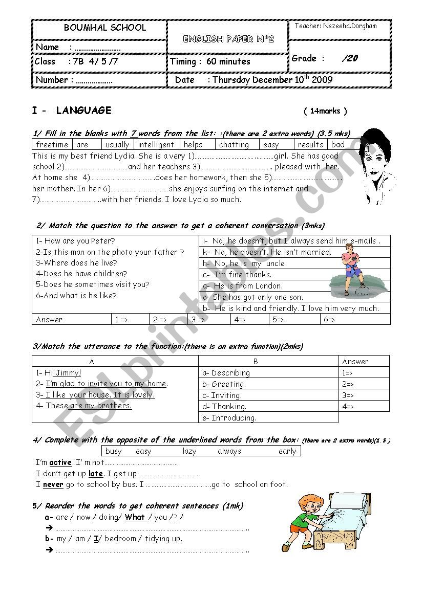 end of term test 1 grade 7 tunisia