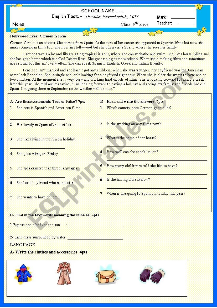 Complete test for 9th grade worksheet