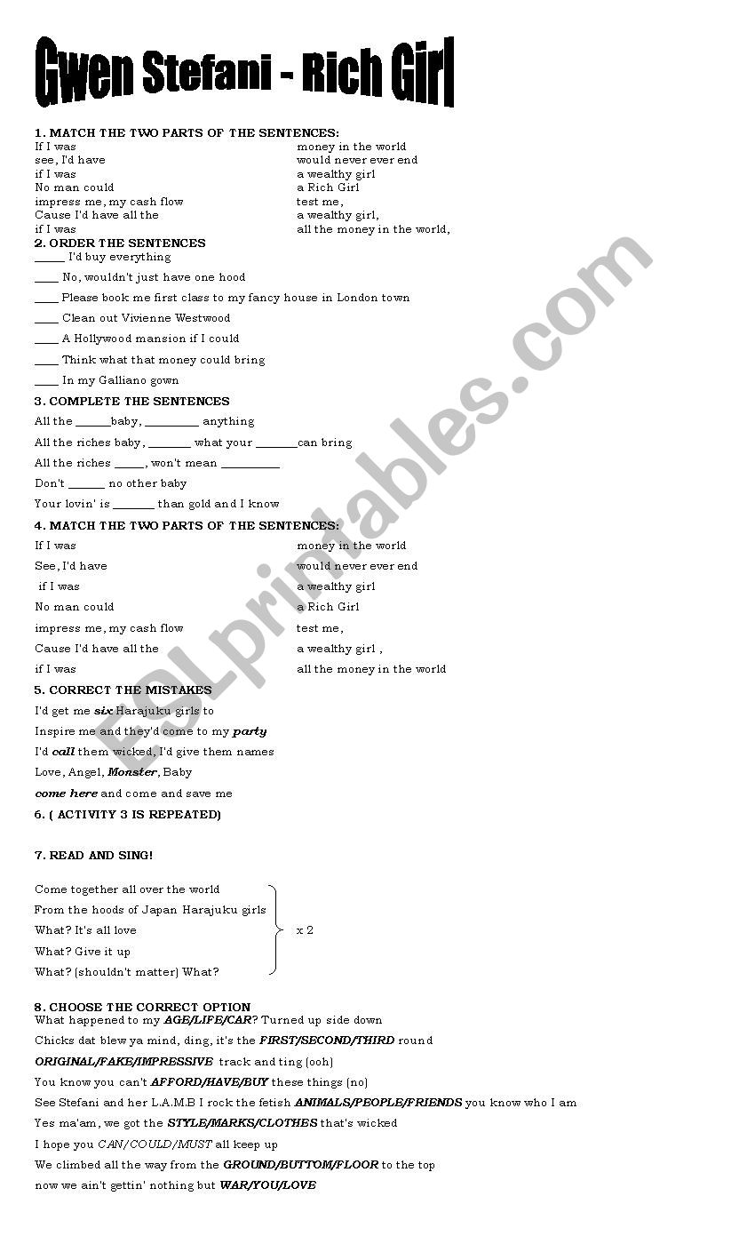 RICH GIRL worksheet