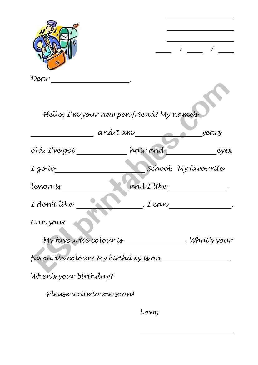 Letter to a pen friend worksheet