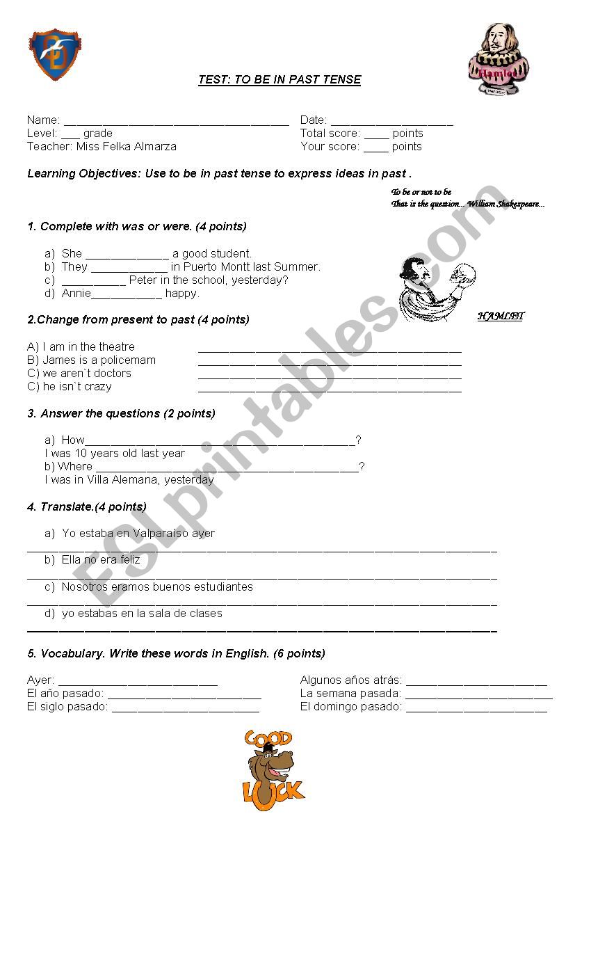 test to be in past tense worksheet