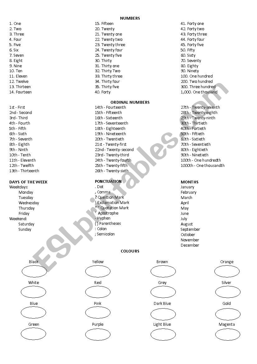 NUMBERS, DAYS OF THE WEEK, PUNCTUATION, MONTHS AND COLORS