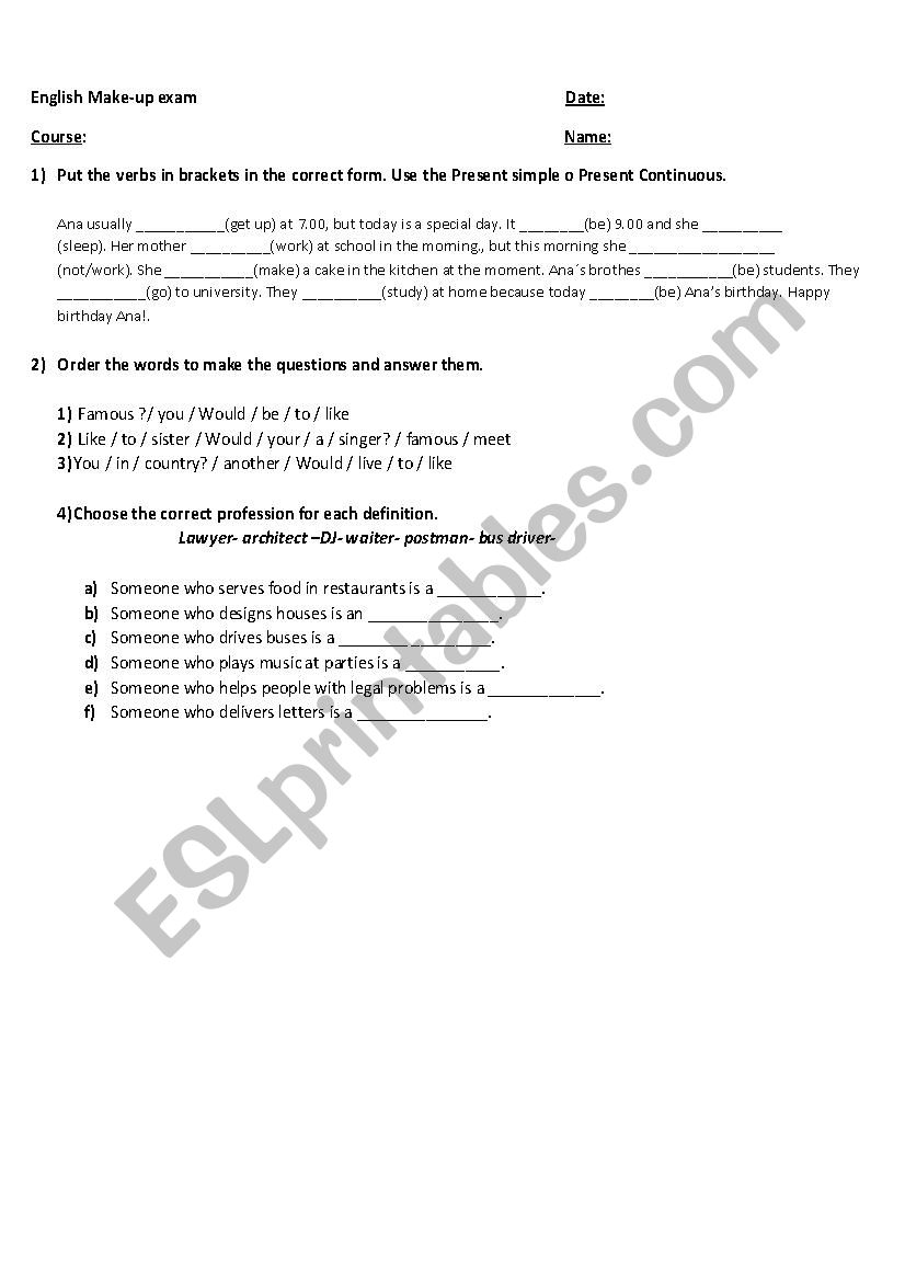 exam worksheet