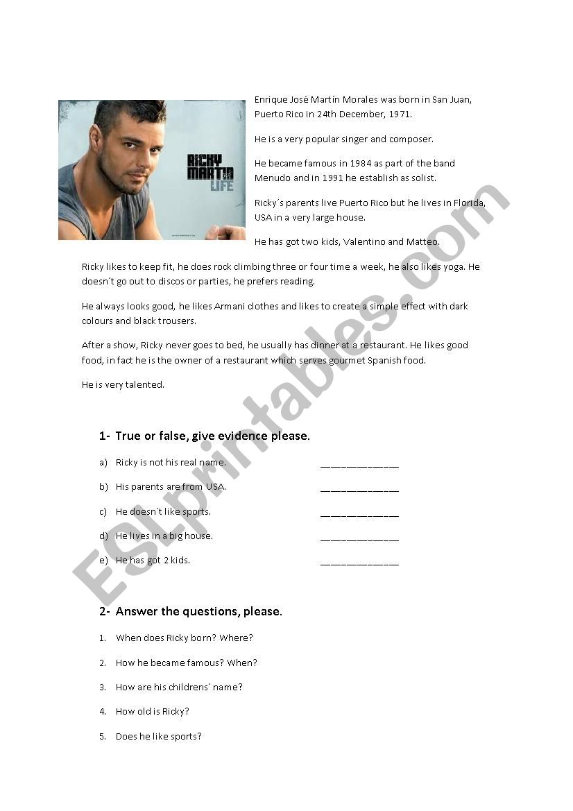 Ricky Martin worksheet