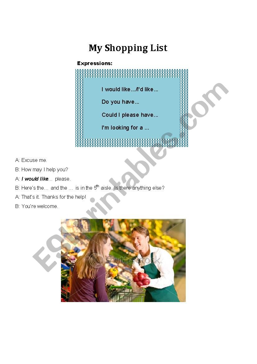 My Shopping List worksheet