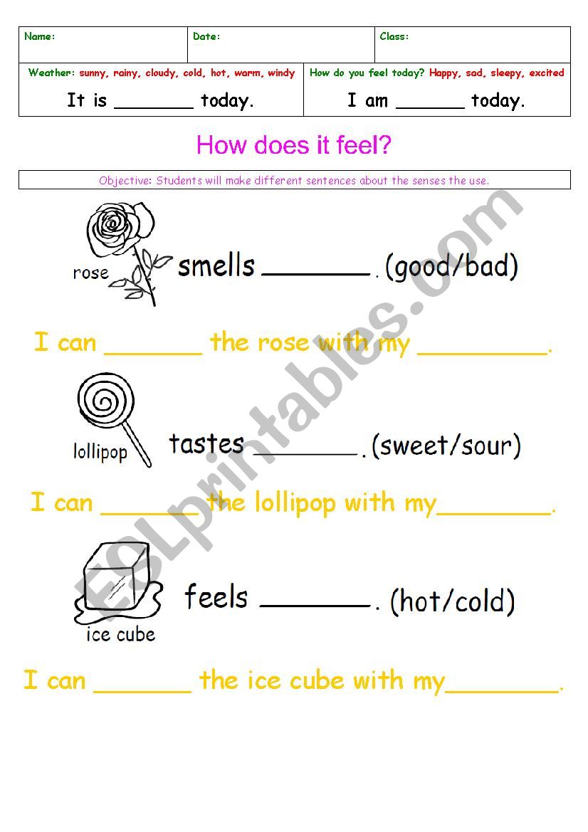 how does it feel? ( 5 senses) worksheet