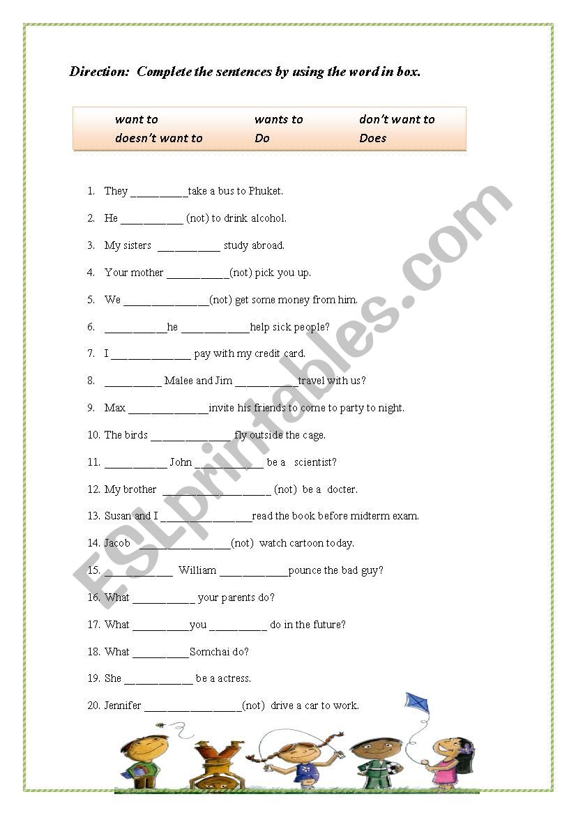 want to + infinitive worksheet