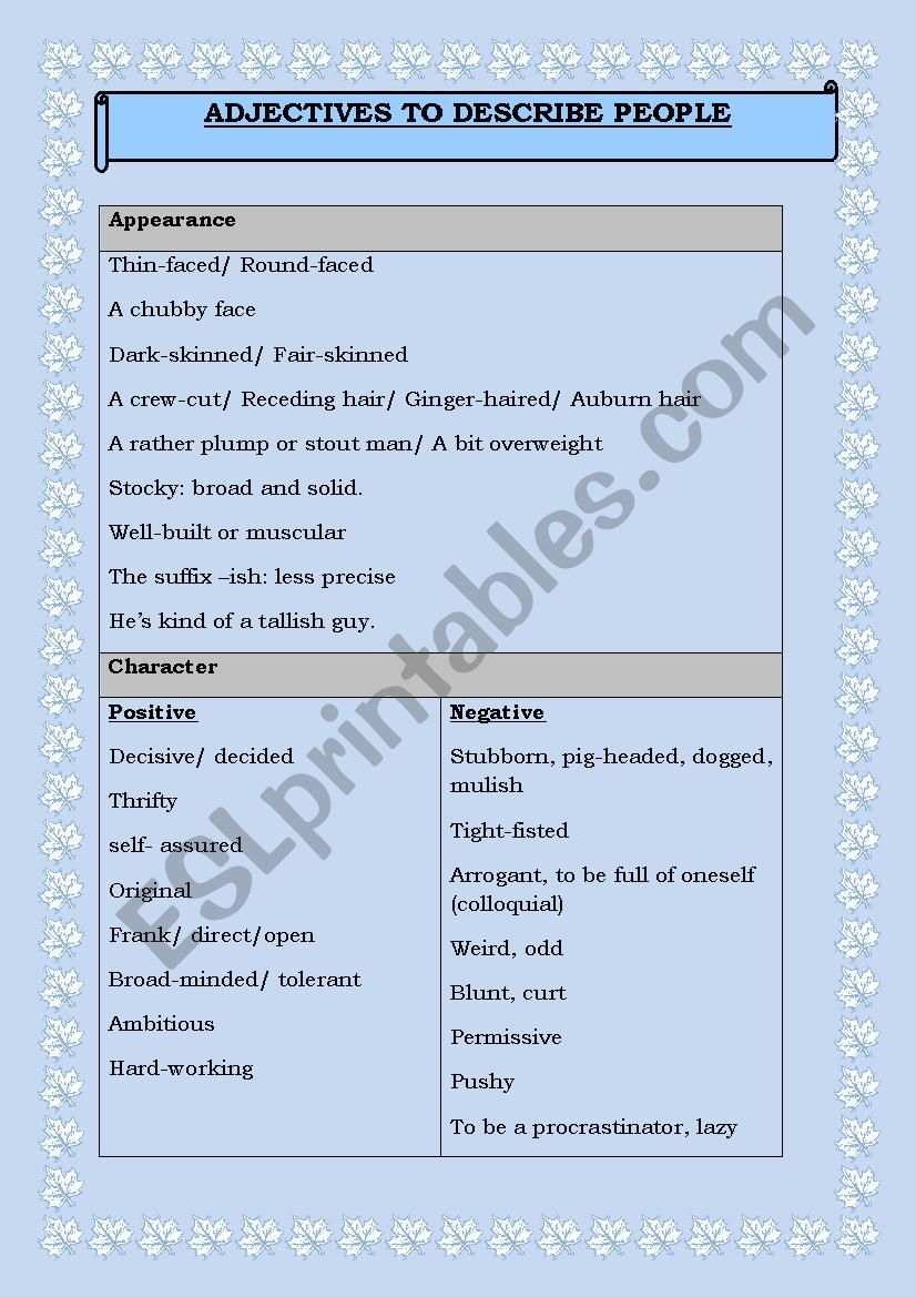 Adjectives to describe people worksheet