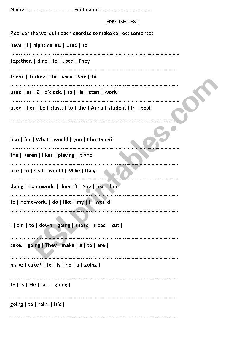 REORDERING WORDS worksheet