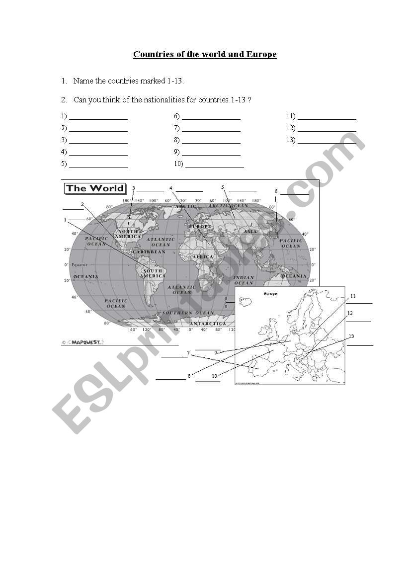 Countries and nationalities of the world and Europe