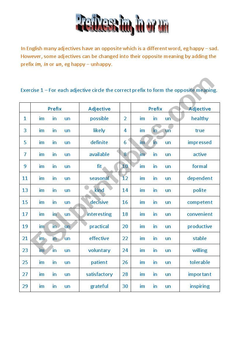 Prefixes: im, in or un worksheet