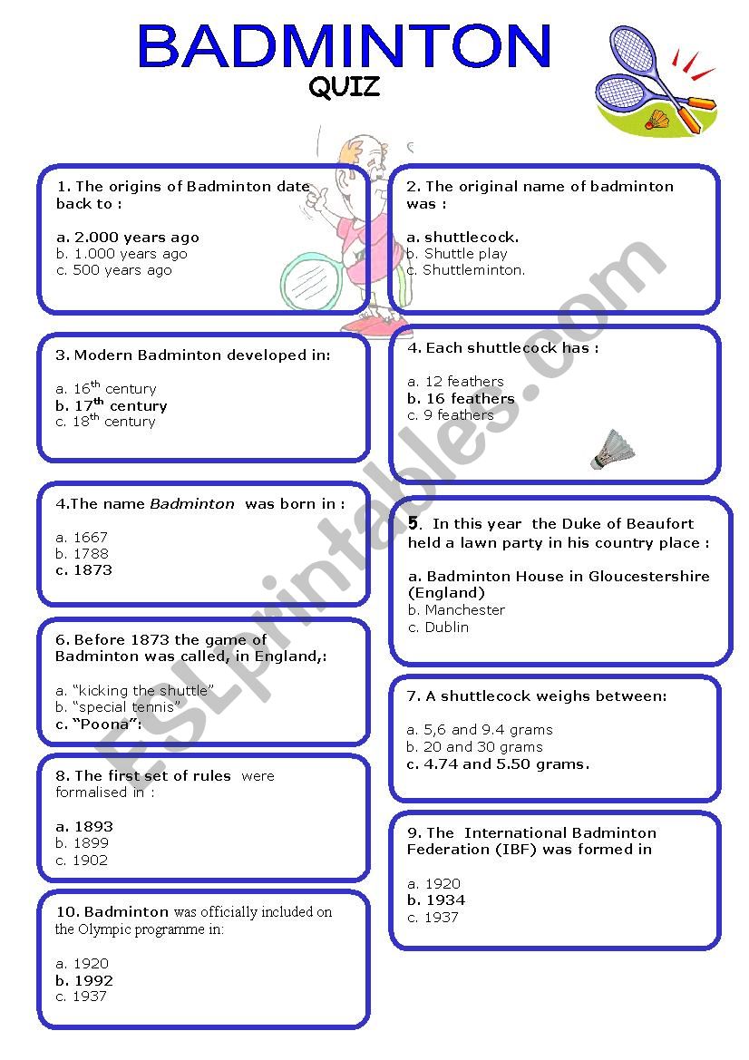 BADMINTON QUIZ - with key worksheet