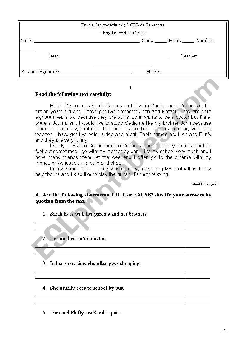 English written test worksheet