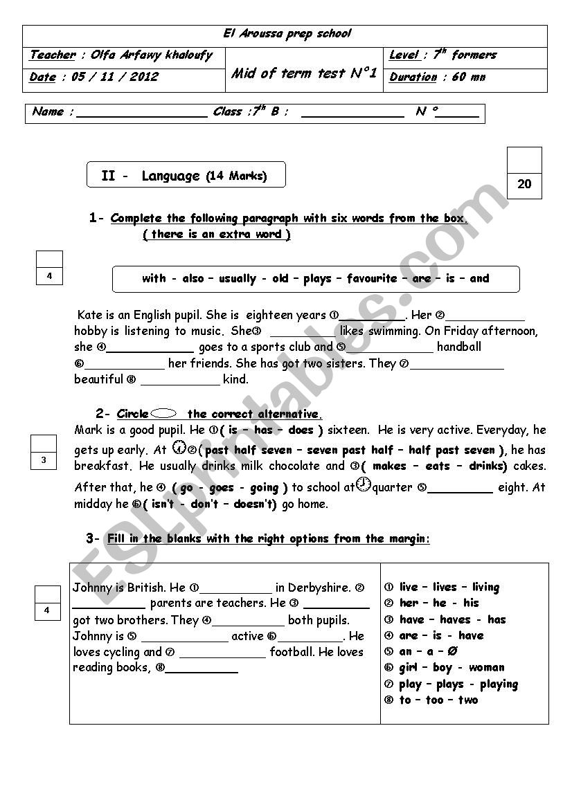 7th test worksheet