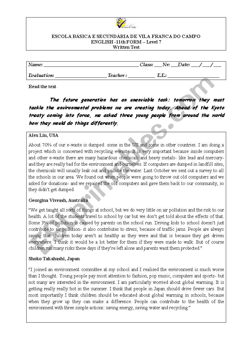 Reading comprehension test worksheet