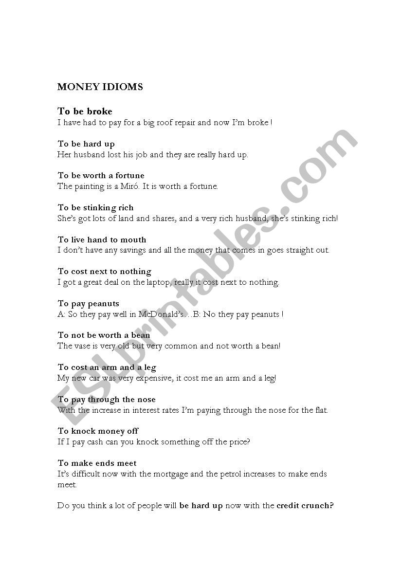 Money idioms worksheet
