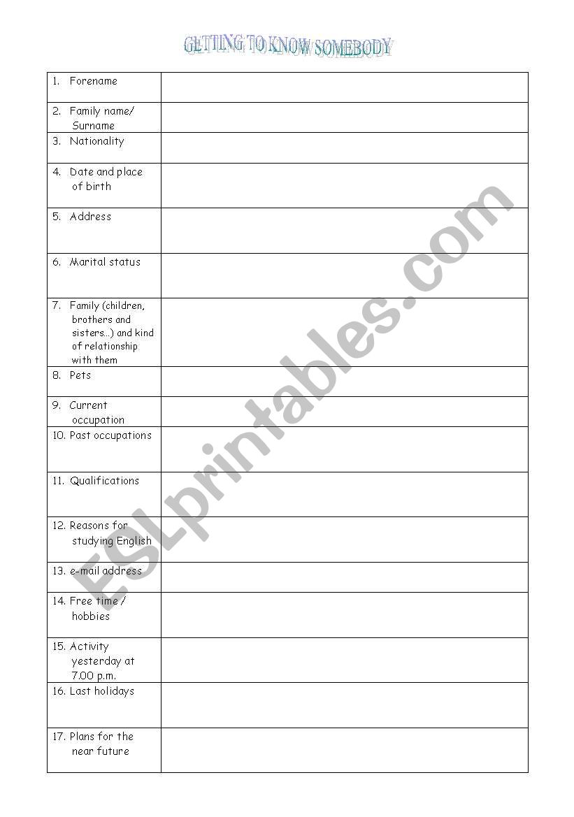 Getting to know somebody worksheet