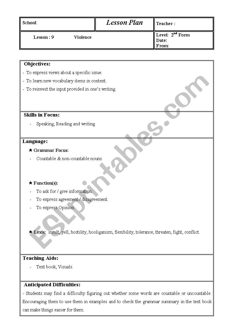  Violence (lesson plan )  (Lesson : 9,  2nd Form. Tunisian students)