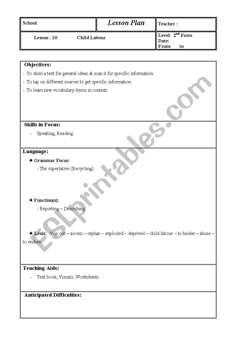 Child Labor (lesson plan ) (Lesson : 10, 2nd Form. Tunisian students)