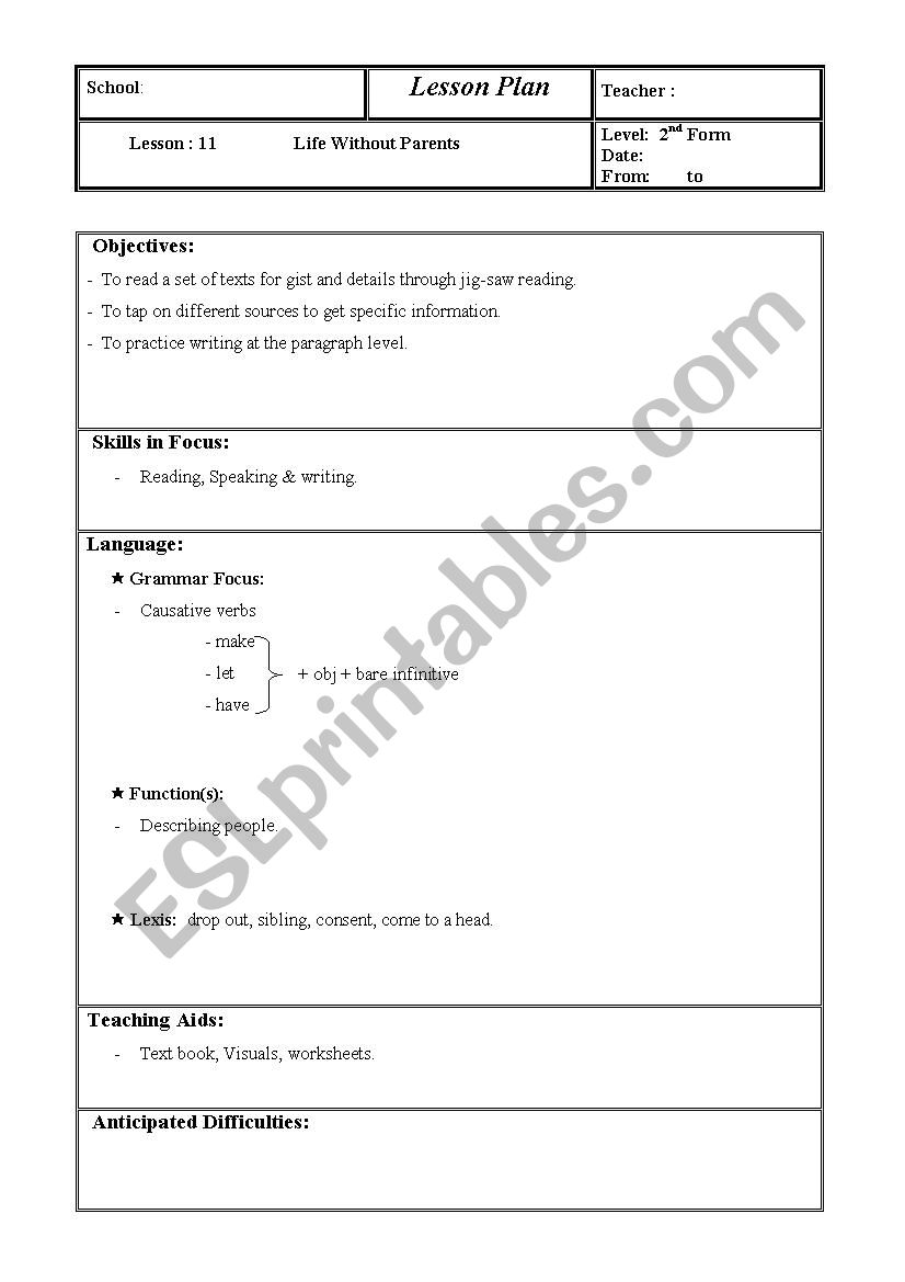  Life Without Parents (lesson plan) (Lesson : 11, 2nd Form. Tunisian students)