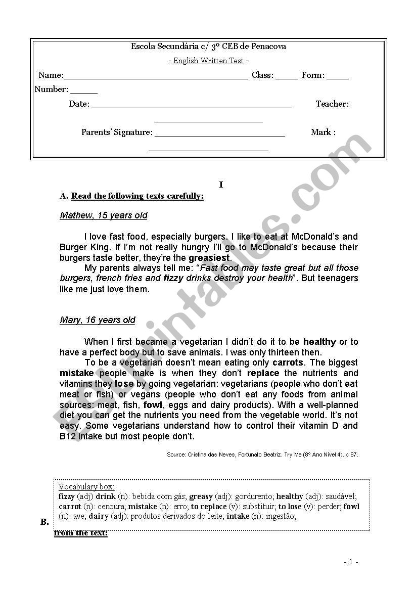 English written test worksheet