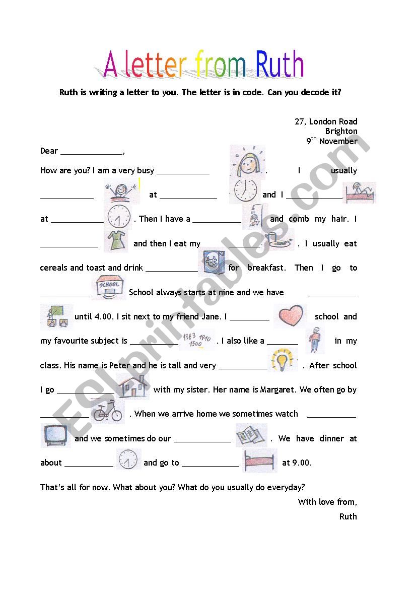 a letter from Ruth worksheet