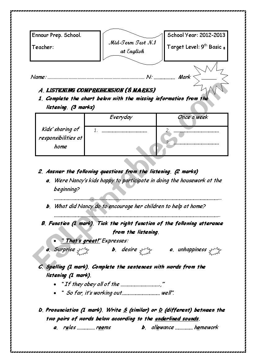 mid- term test n 1 for 9 th  basic education