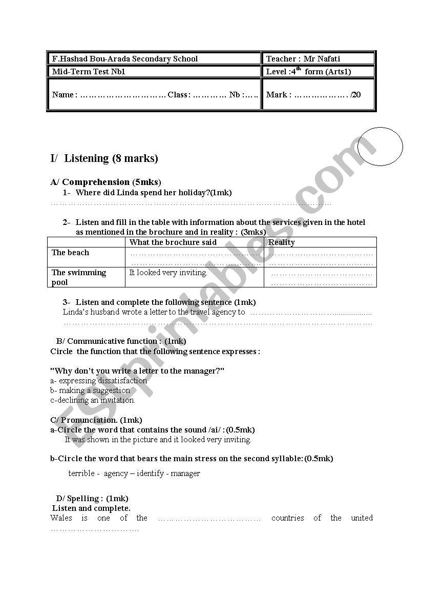 mid term test nb1 for the4th form