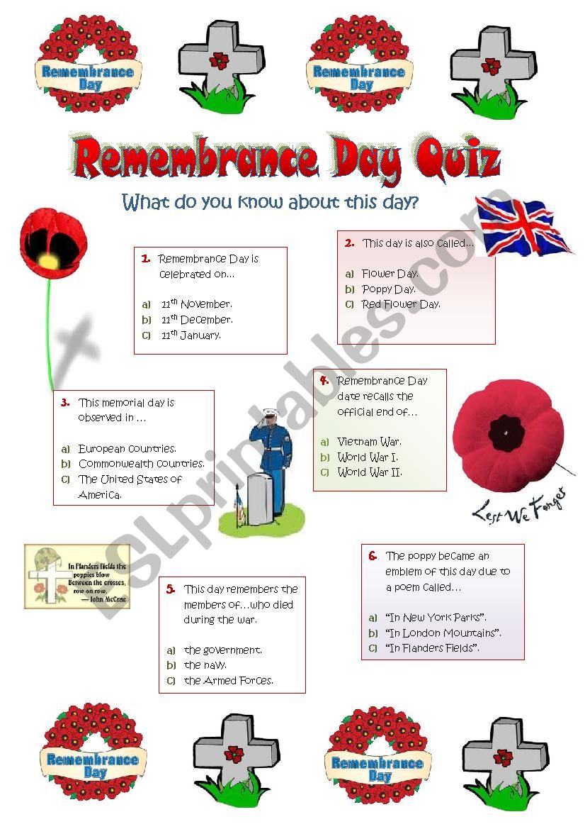 Remembrance Day or Poppy Day - 11th November - a quiz