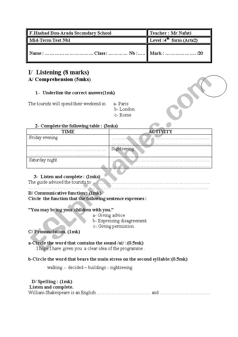 mid term test nb1 for the 4th grade