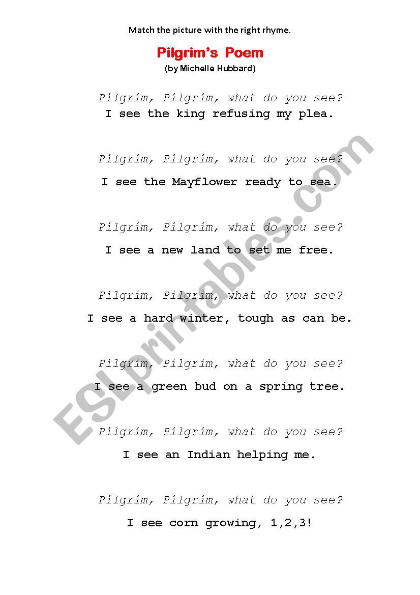 Pilgrimâ€™s  Poem worksheet