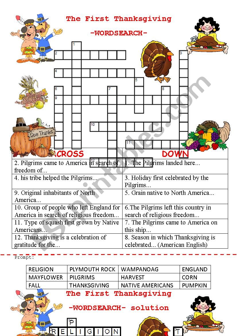 The First Thanksgiving -wordsearch