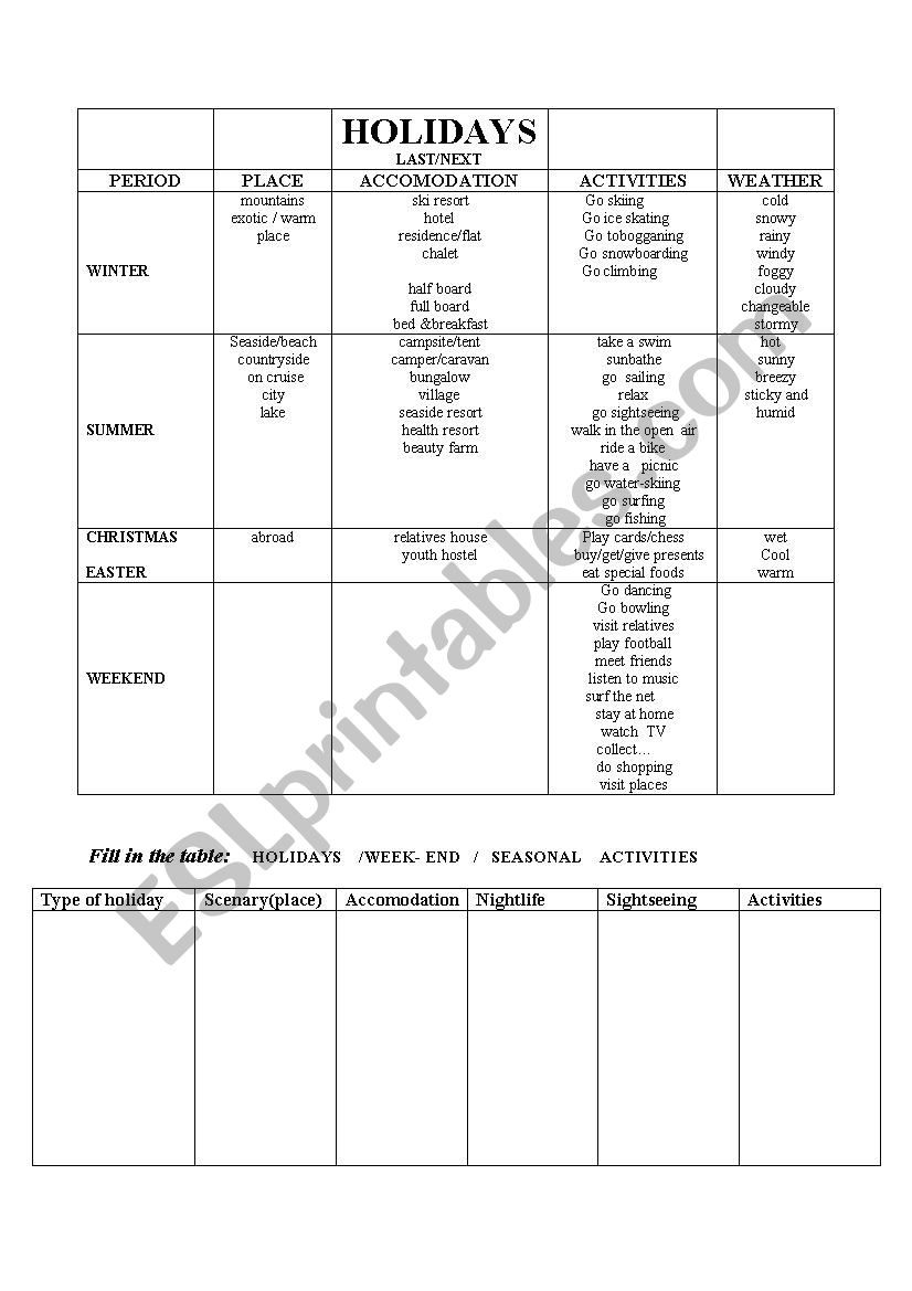 LAST /NEXT HOLIDAYS worksheet