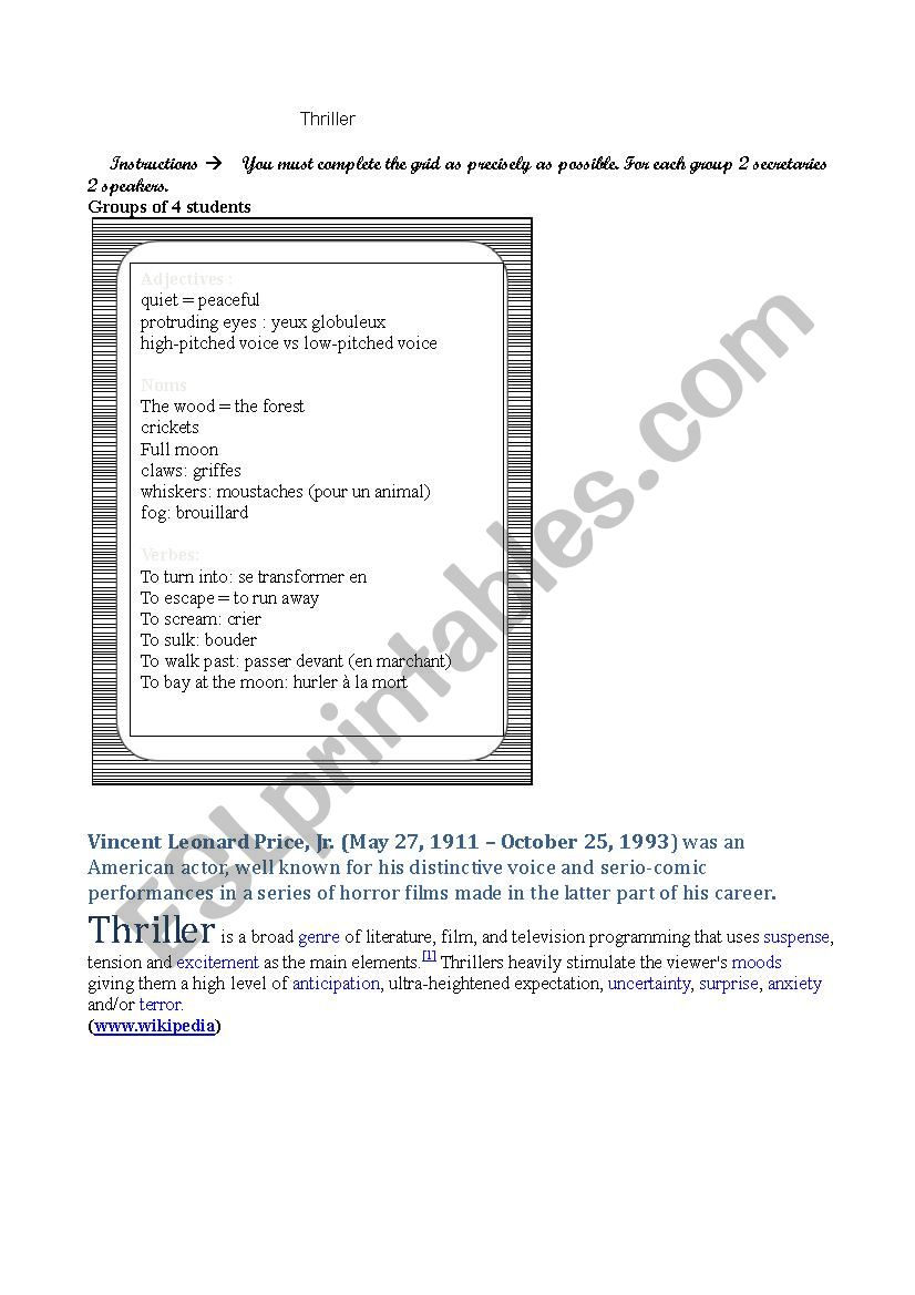 Thriller  worksheet