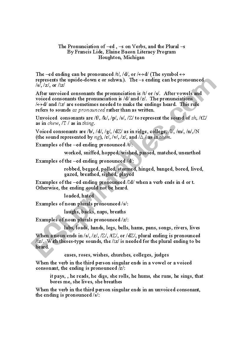 pronunciation of final Ed  worksheet