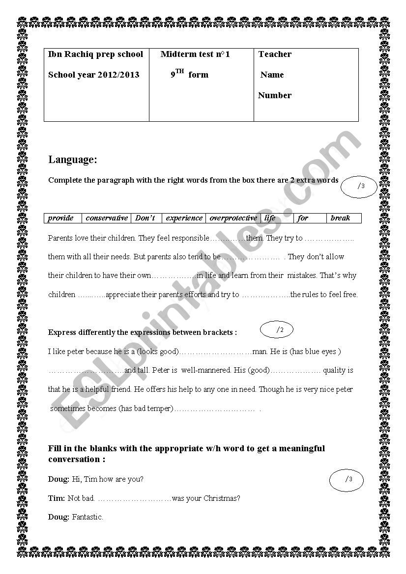 9th form test worksheet