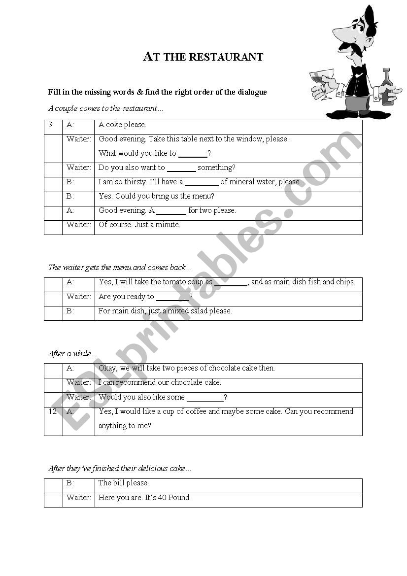 restaurant worksheet