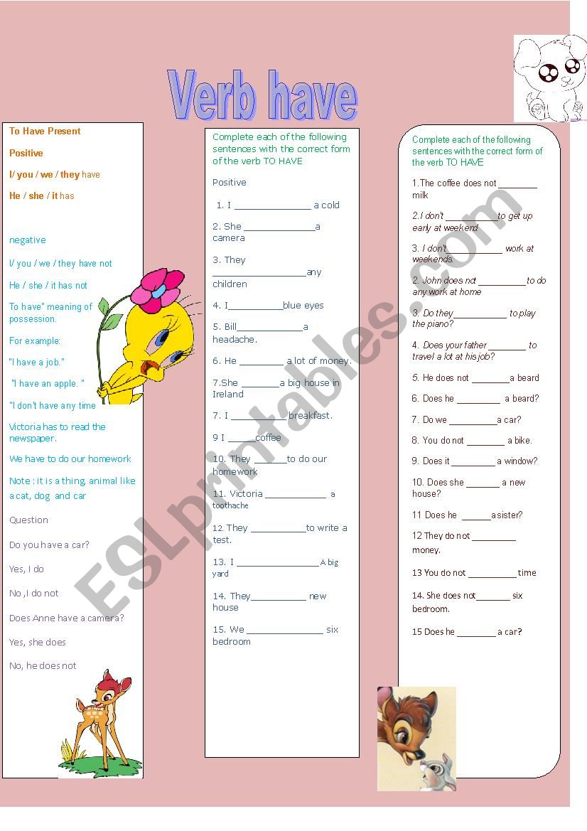 verb  Have worksheet