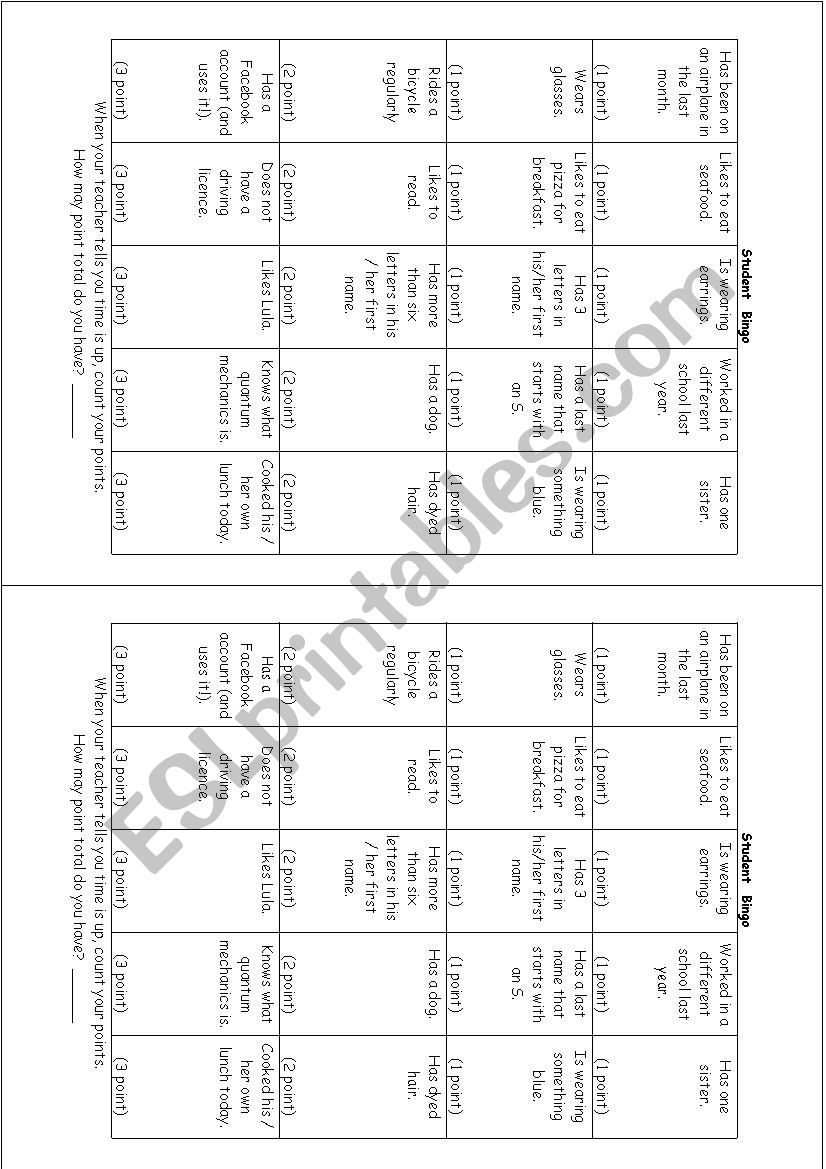 Student Bingo worksheet