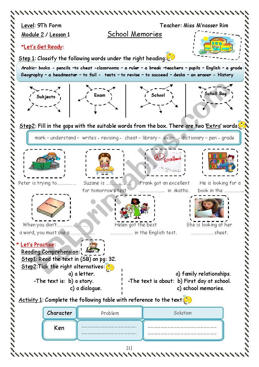 School Memories Worksheet worksheet