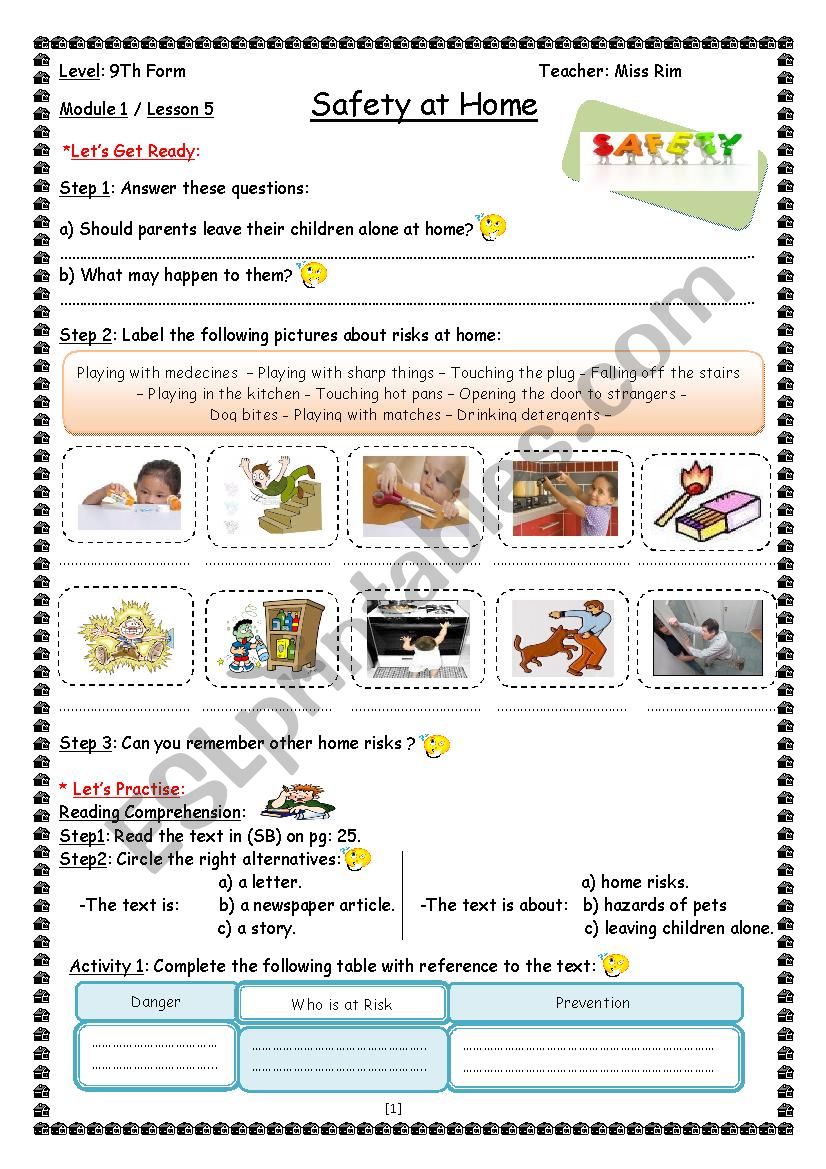 Safety at Home Worksheet worksheet