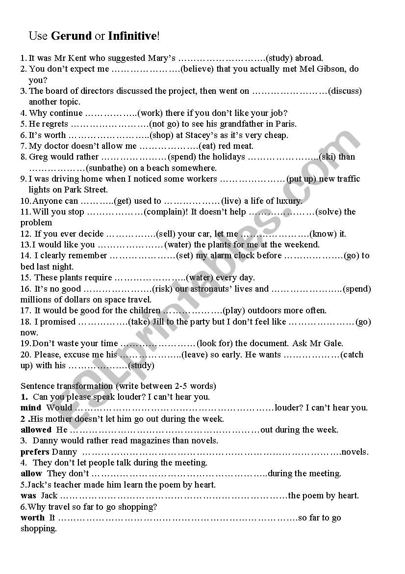 Gerund and Infunitive worksheet