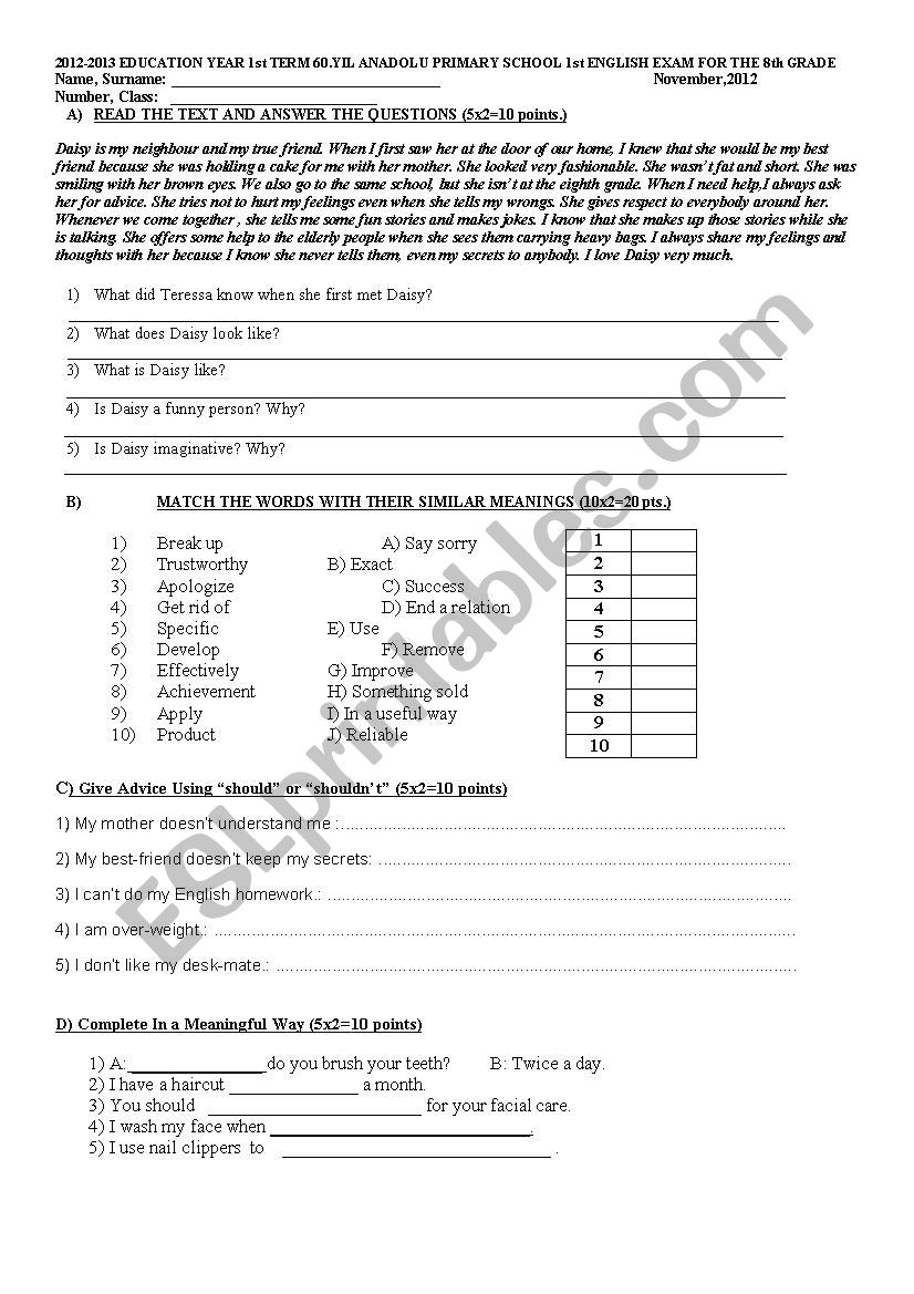 8th Grade English Exam worksheet