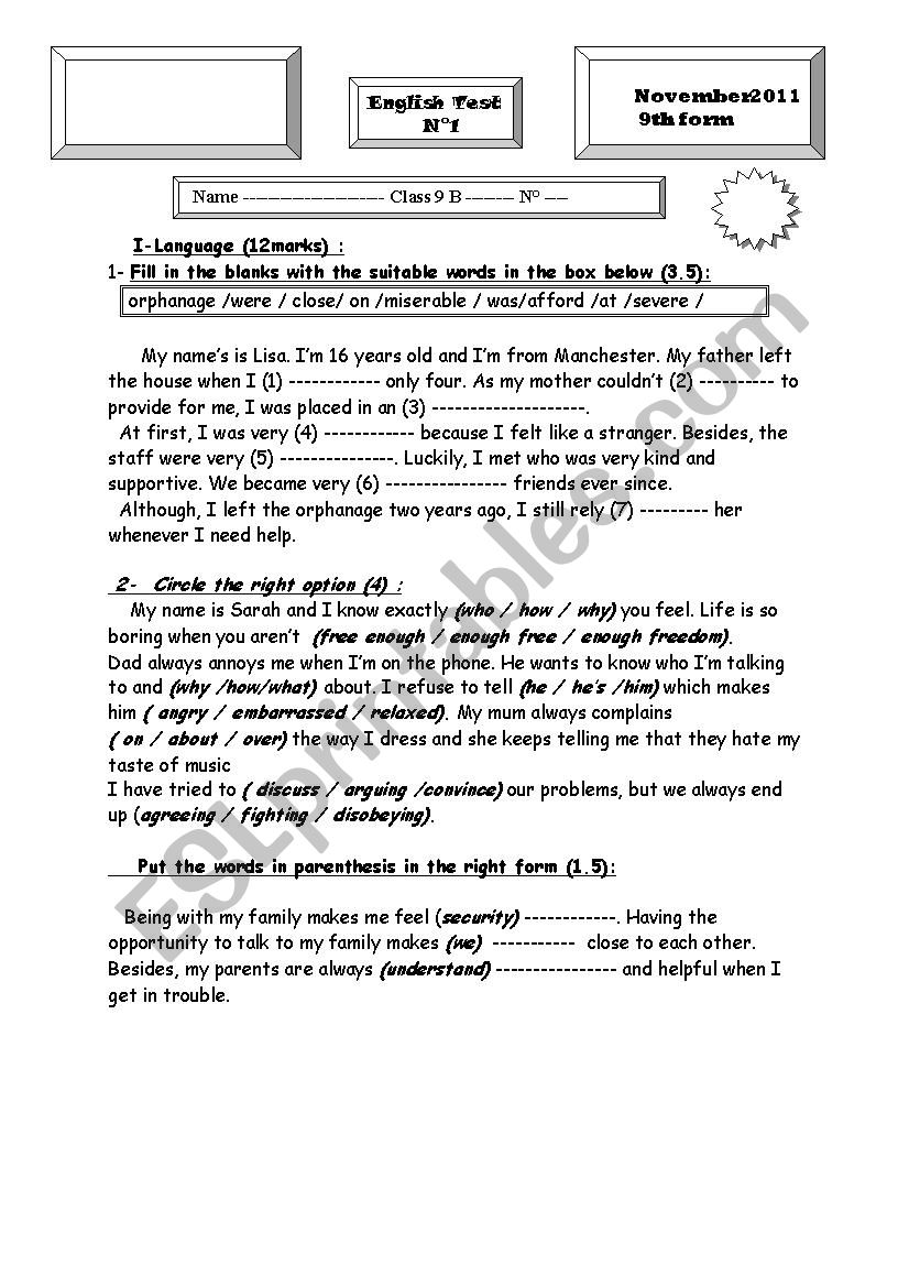 test 1 for 9 graders worksheet