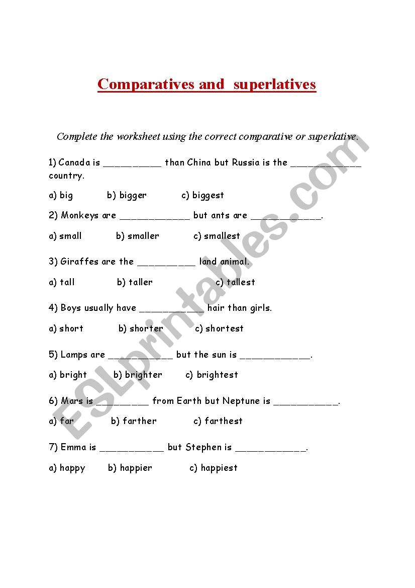 comparatives and superlatives worksheet