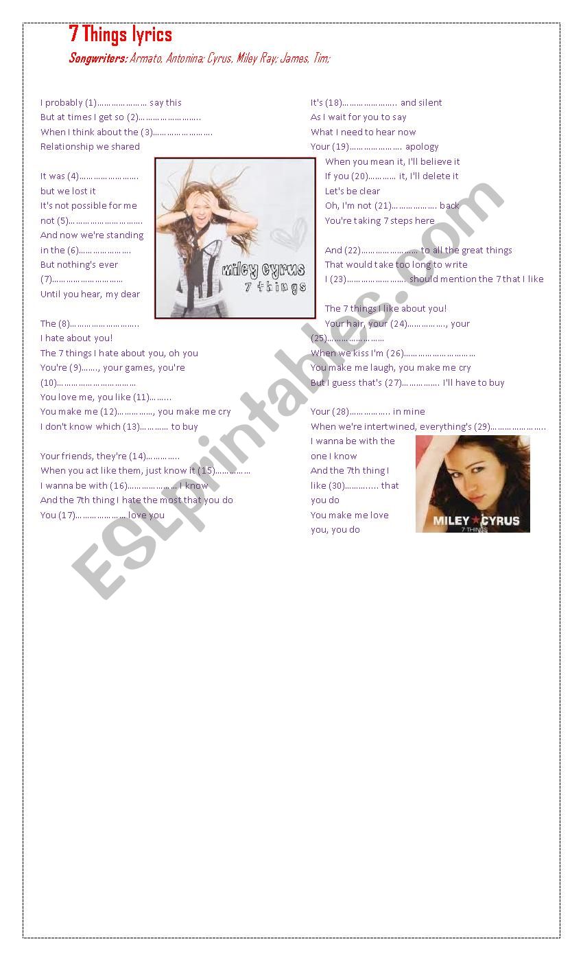 SONG. 7 THING. MILEY SYRUS worksheet