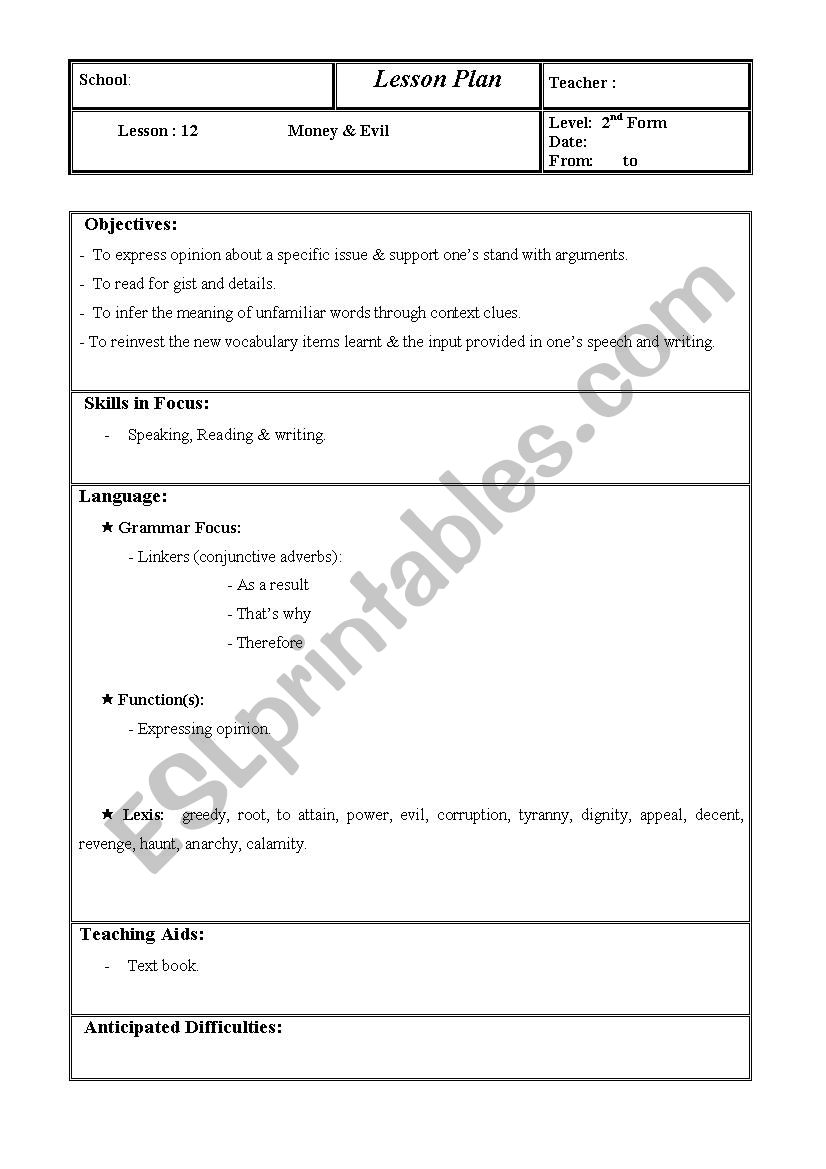 Money & Evil (lesson plan + visuals) (Lesson : 12, 2nd Form. Tunisian students) 