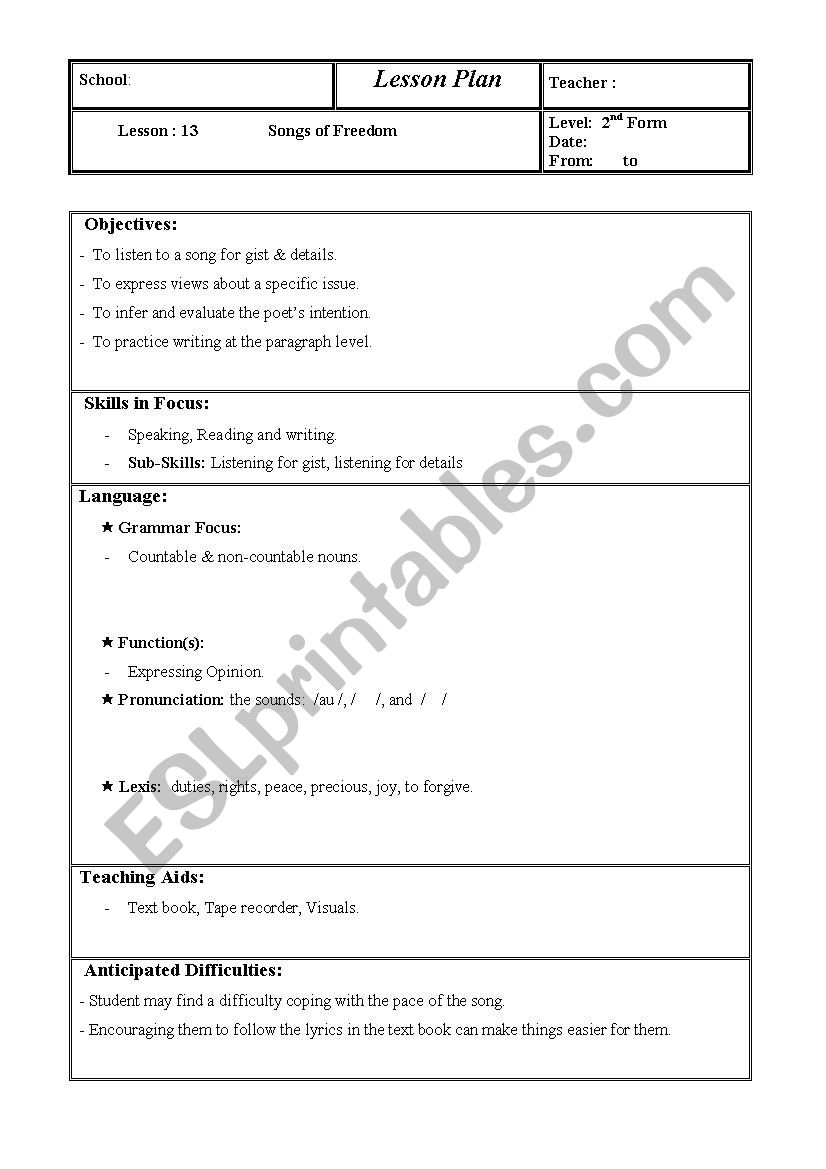 Songs of Freedom  (lesson plan + visuals ) (Lesson : 13 , 2nd Form. Tunisian students) 