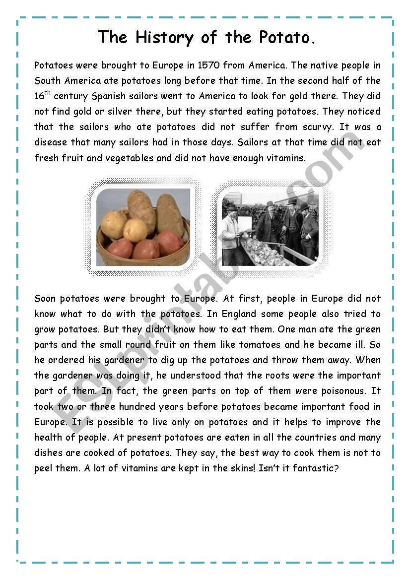 The History of the Potato worksheet
